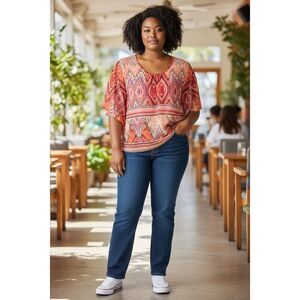 Kim Rogers Women Sheer Peasant Top Blouse Plus Size 2X Orange Multicolor Print